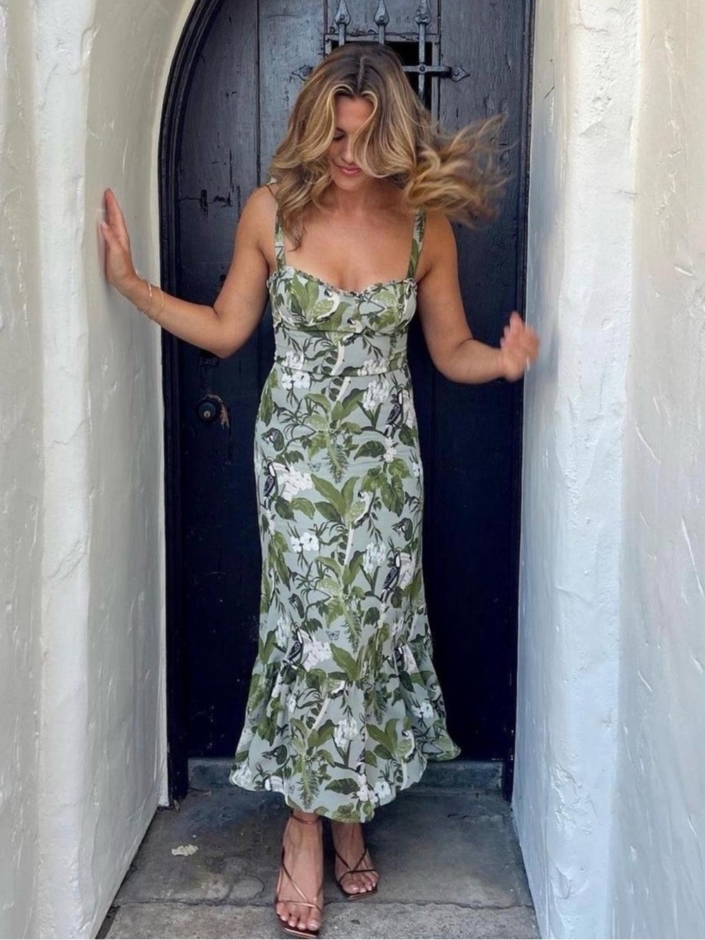 Reformation Olive Green Botanical Tie-Shoulder Midi Dress